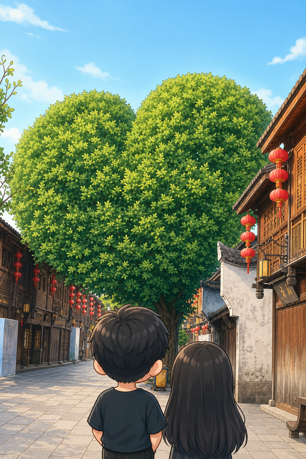 两人在古街树下的Q版卡通背影