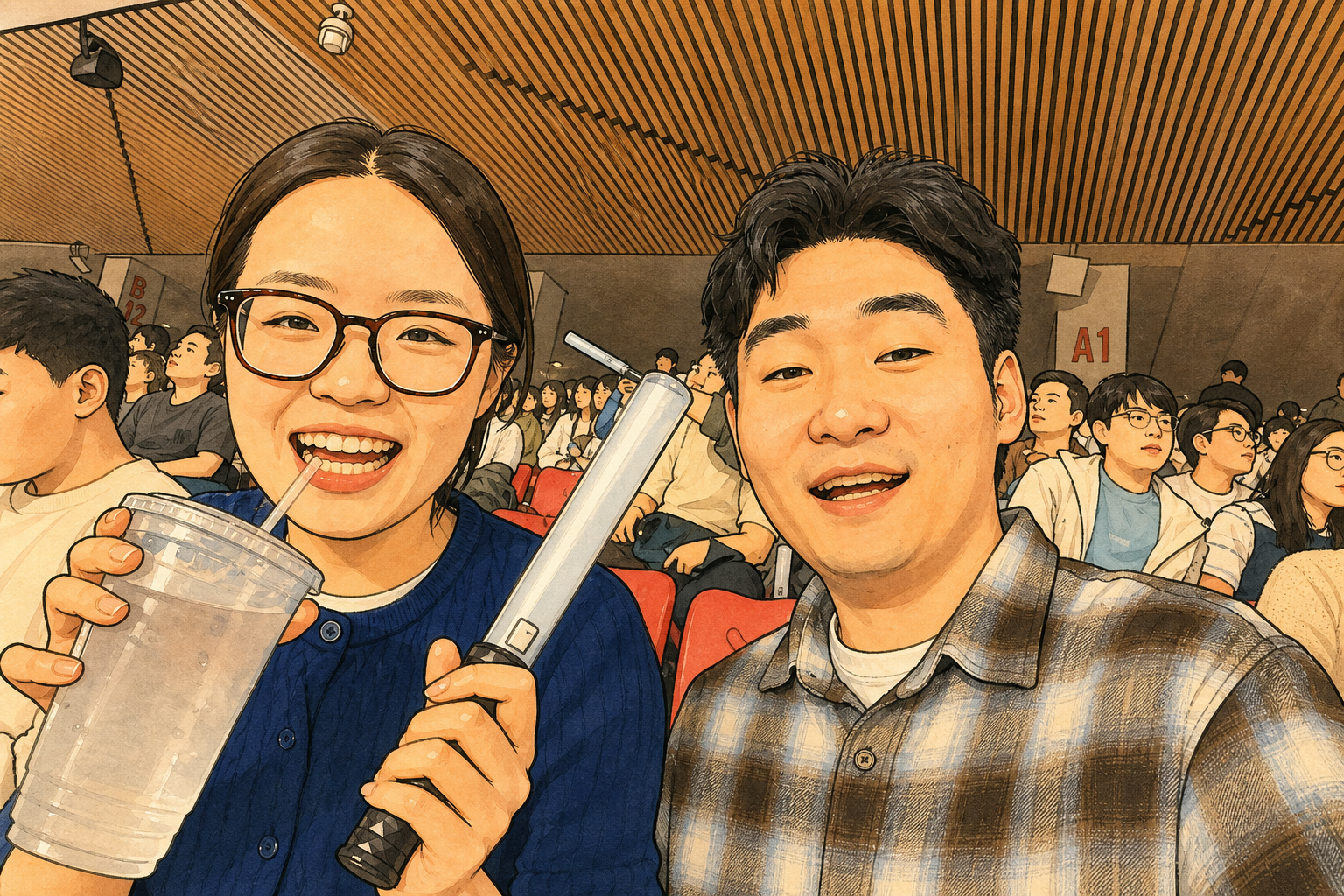 两人在场馆观演时的卡通合照