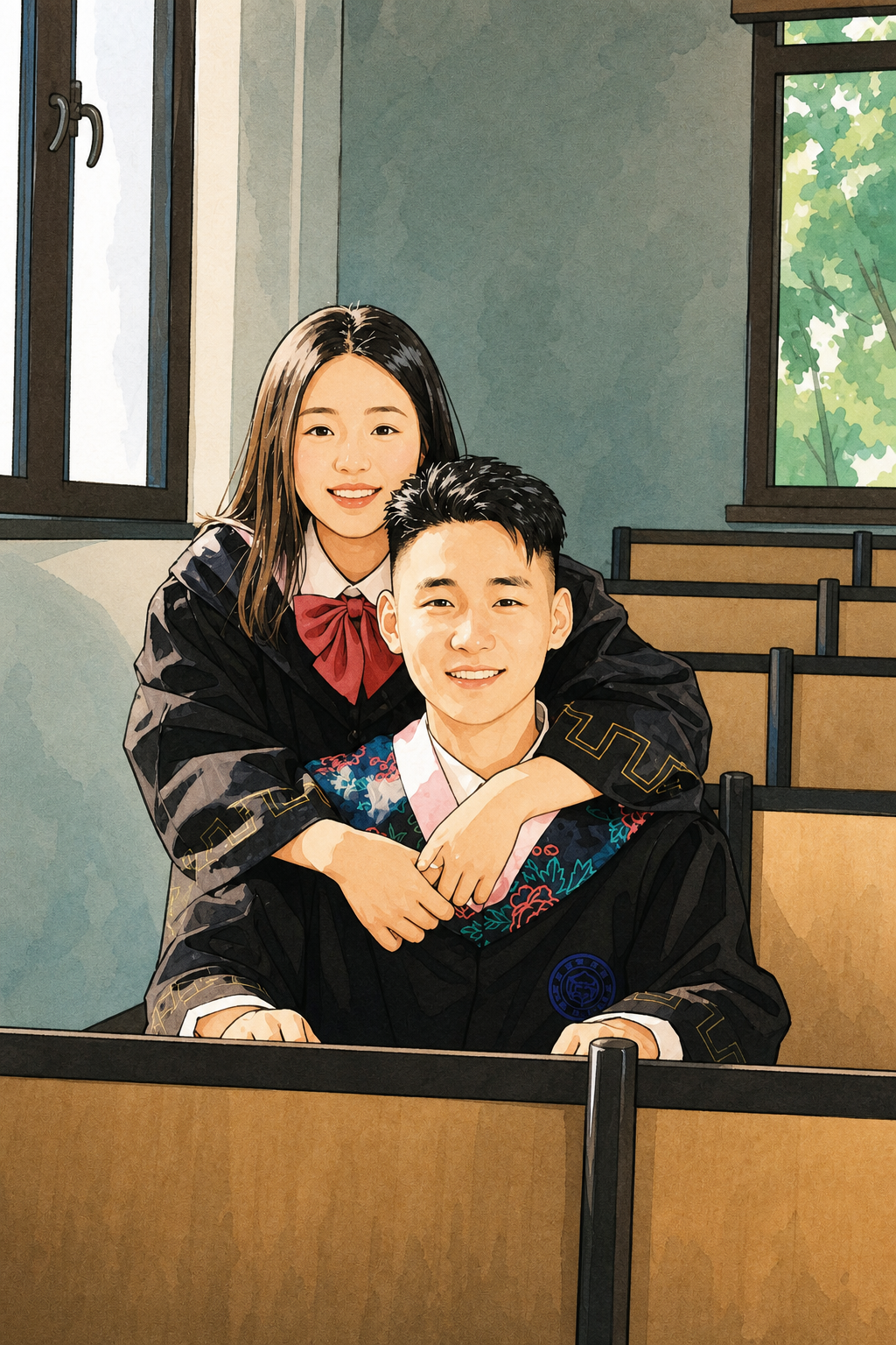 两人在大学教室的卡通毕业照